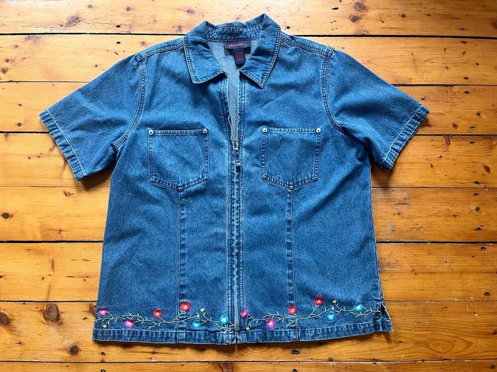 Denim & Co. Vintage Y2K Floral Embroidered Hem Zip-Up Denim Shirt Large